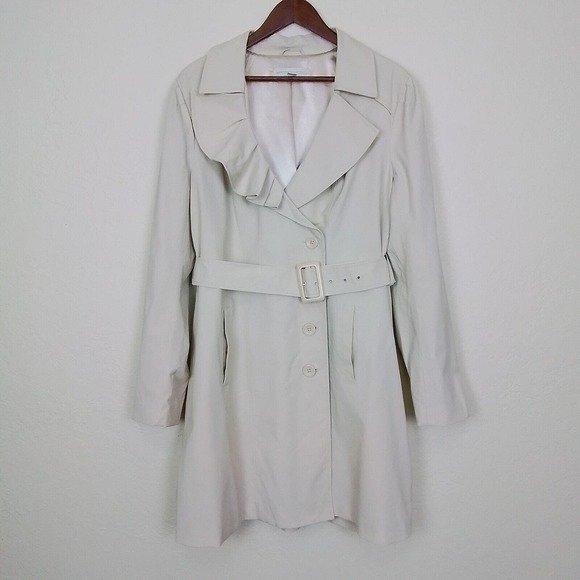 New York & Company Beige Ruffle Notch Collar 4 Button Belted Trench Coat XL‎ - Picture 1 of 16